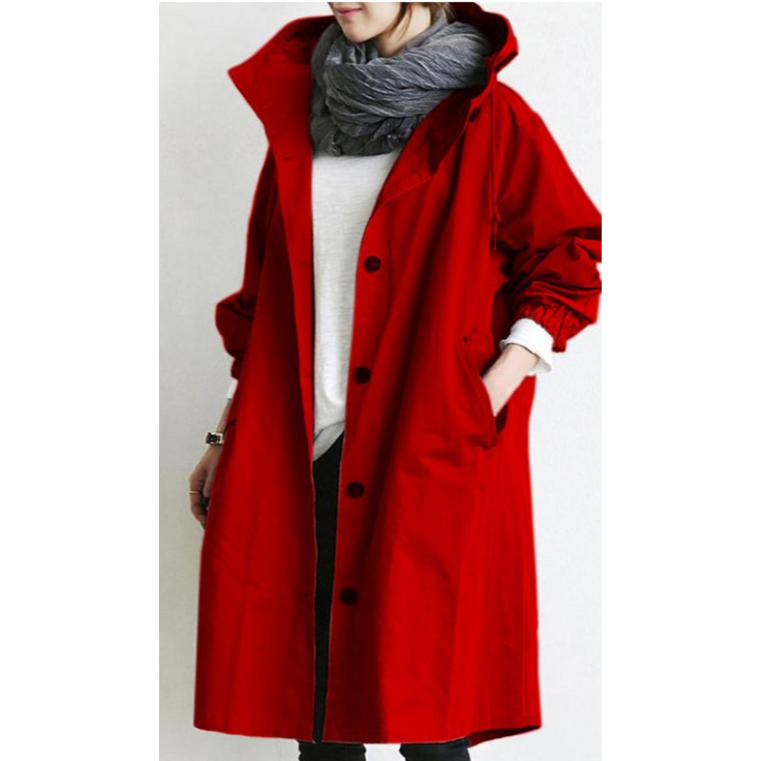Kvinnors Lång Trenchcoat med Huva och Justerbar Midja 4