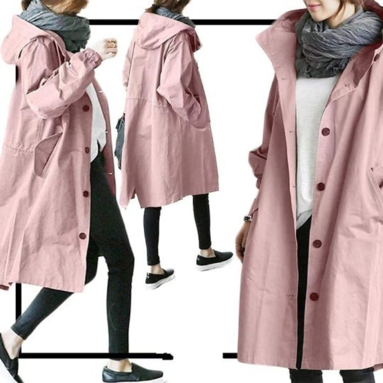 Kvinnors Lång Trenchcoat med Huva och Justerbar Midja 5