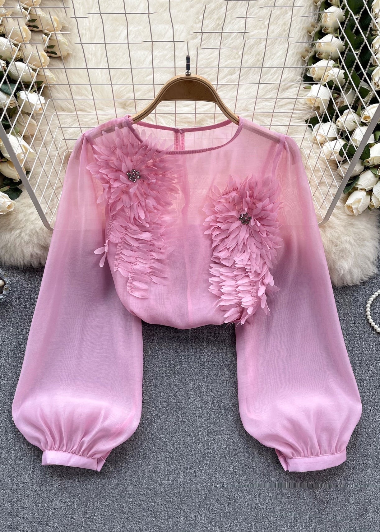 Kvinnors Långärmad Blommig Chiffongskjorta 2