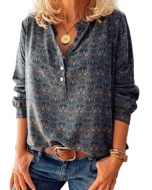 Kvinnors Långärmad Blus med Vintagetryck 0