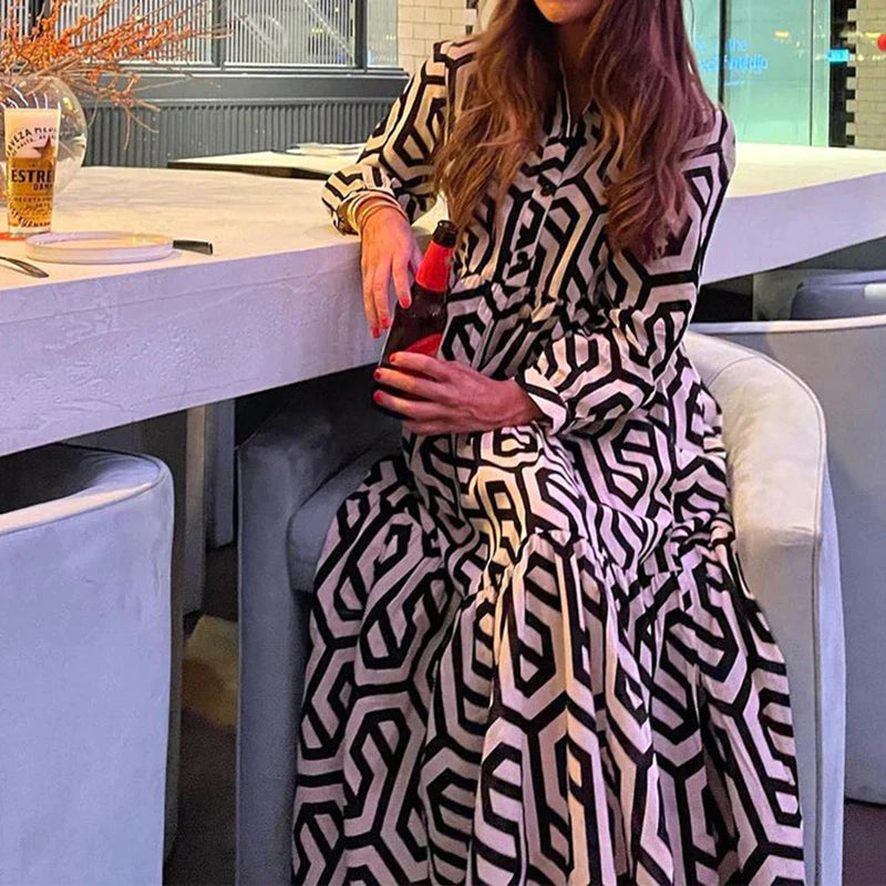 Kvinnors Långärmad Klänning Geometriskt Mönster 1