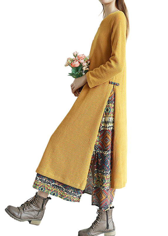 Kvinnors Långärmad Klänning med V-hals och Patchwork 0