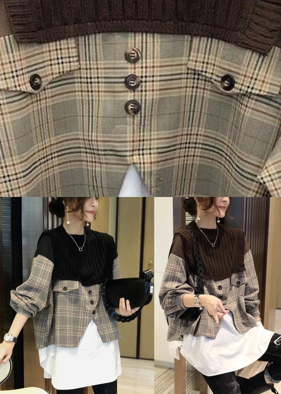 Kvinnors Långärmad Skjorta i Patchwork Stil 4