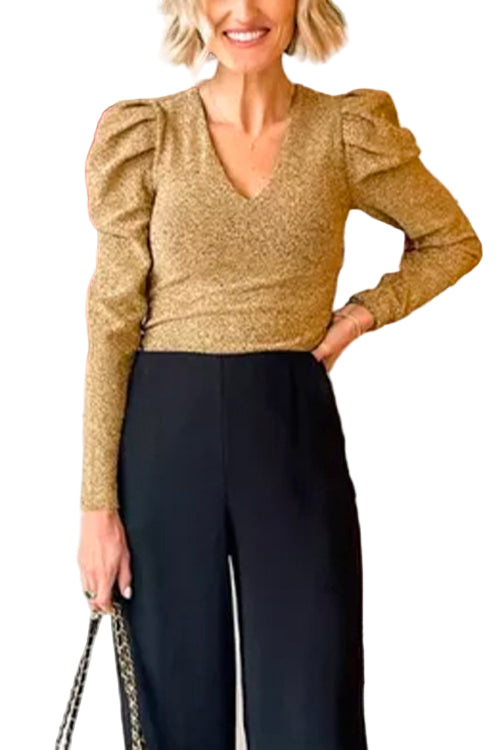 Kvinnors Långärmad V-hals Topp Glänsande Stil 0