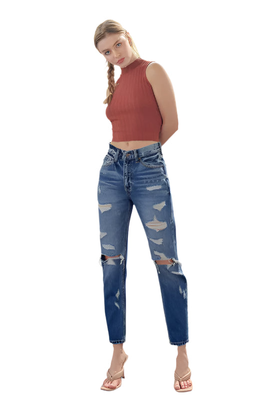 Kvinnors Mamma Jeans Hög Midja Denim Avslappnad Passform 0