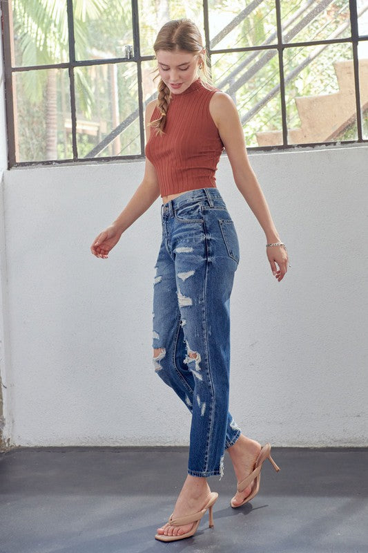 Kvinnors Mamma Jeans Hög Midja Denim Avslappnad Passform 2
