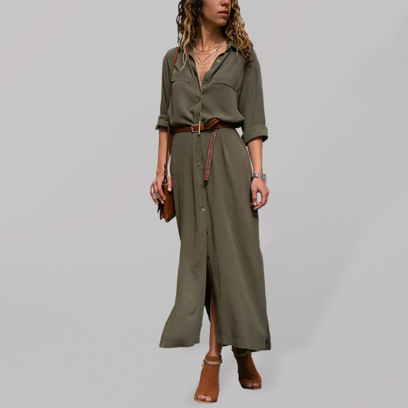 Kvinnors Maxi Klänning Långärmad Skjortstil Polyester 6