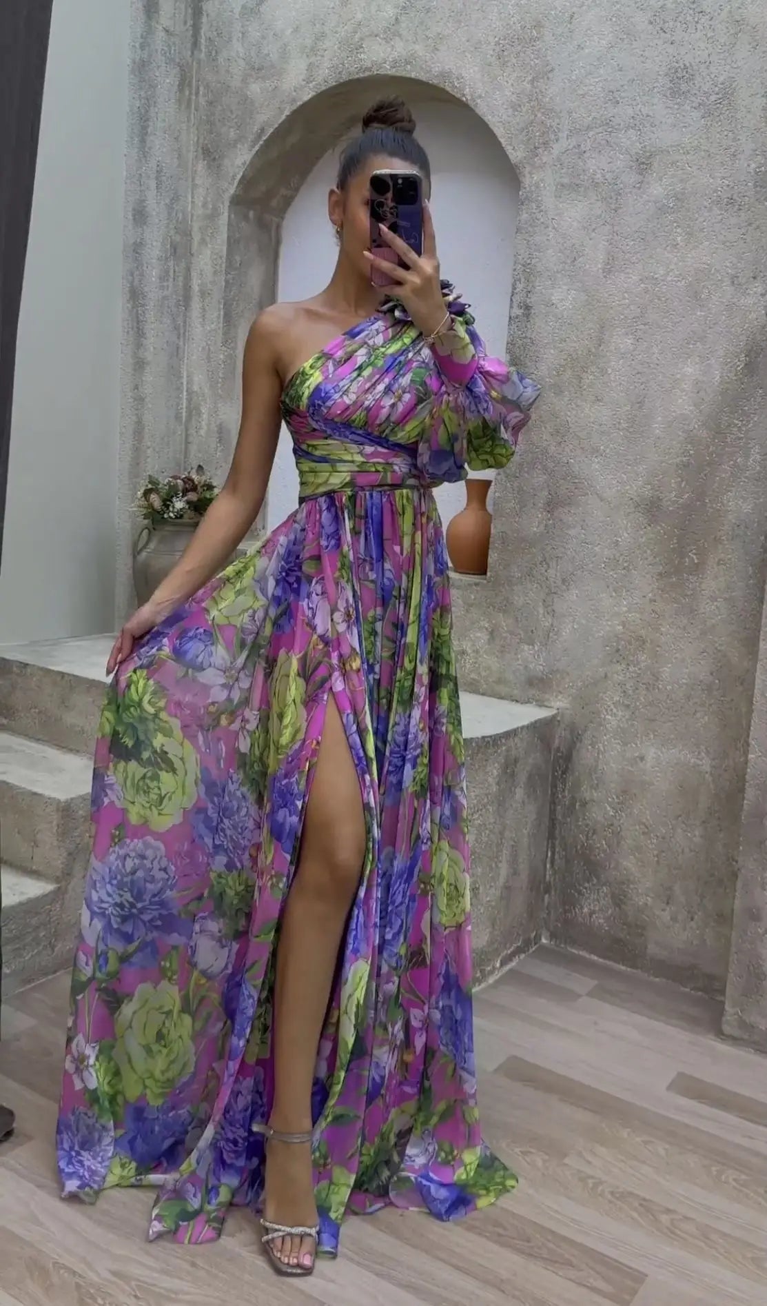 Kvinnors Maxi Klänning Off-the-Shoulder Blommönster Polyester 0