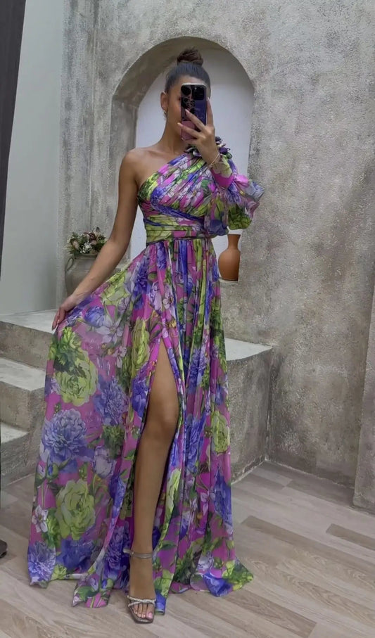 Kvinnors Maxi Klänning Off-the-Shoulder Blommönster Polyester 0