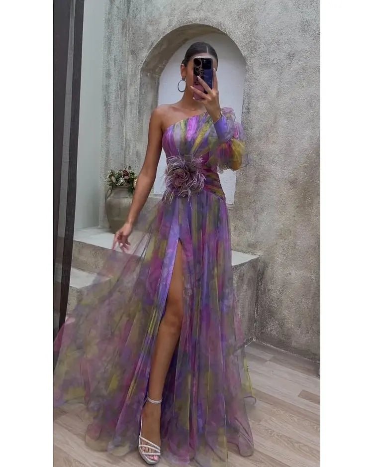 Kvinnors Maxi Klänning Off-the-Shoulder Blommönster Polyester 3