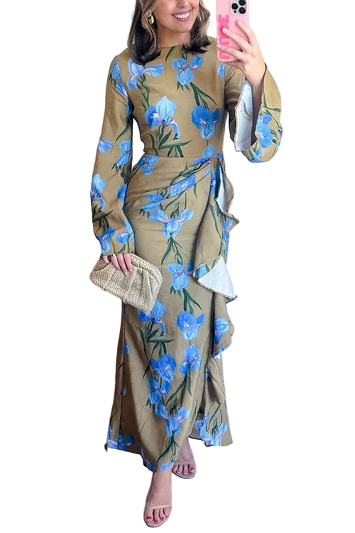 Kvinnors Maxiklänning med Blommigt Mönster och Draperad Slits 0
