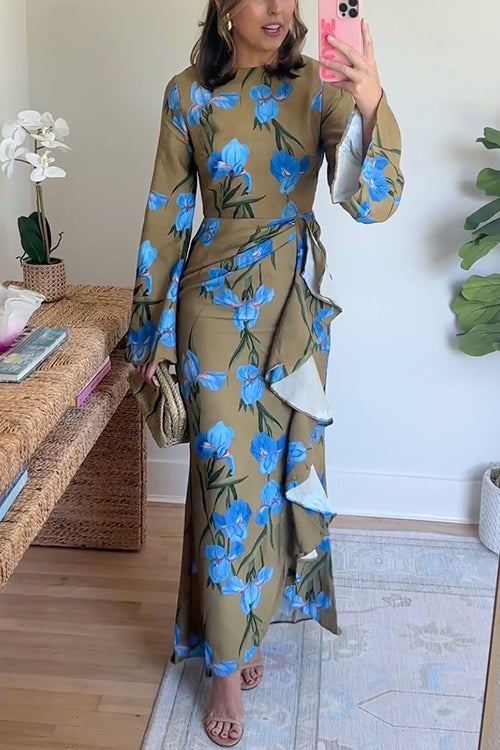 Kvinnors Maxiklänning med Blommigt Mönster och Draperad Slits 1