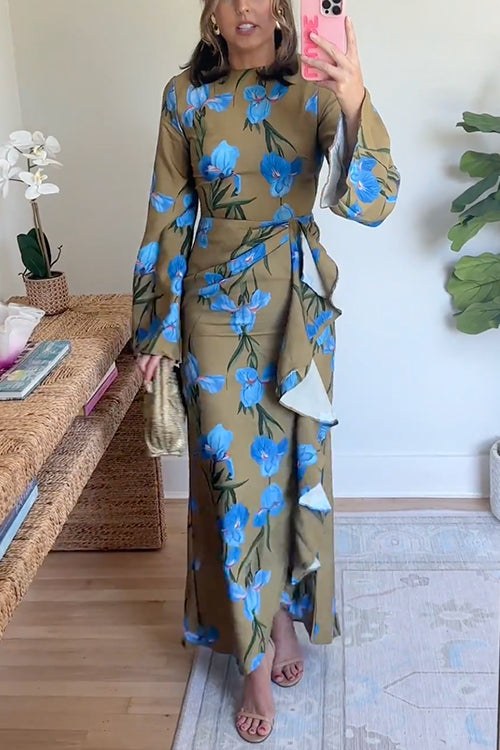 Kvinnors Maxiklänning med Blommigt Mönster och Draperad Slits 2