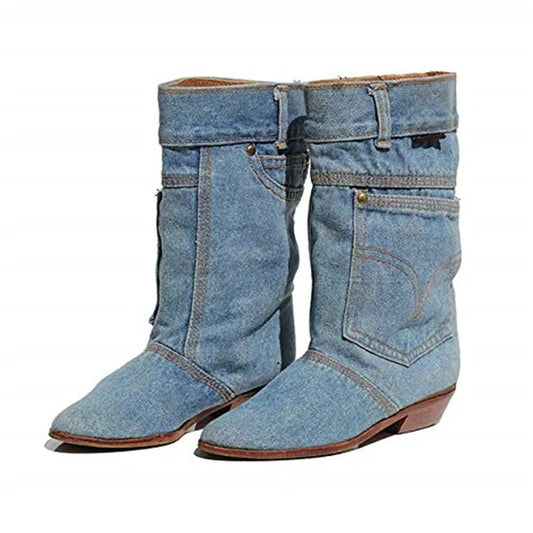 Kvinnors Mellanhöga Jeansstövlar med Rund Tå och Veckad Design 1