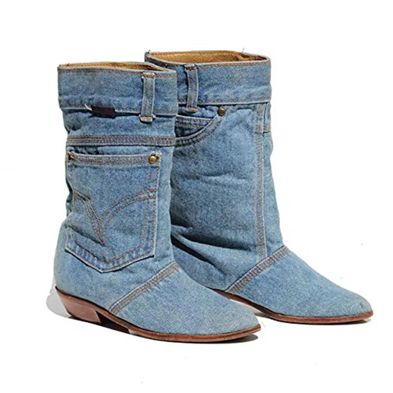 Kvinnors Mellanhöga Jeansstövlar med Rund Tå och Veckad Design 2