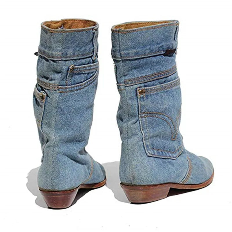 Kvinnors Mellanhöga Jeansstövlar med Rund Tå och Veckad Design 3