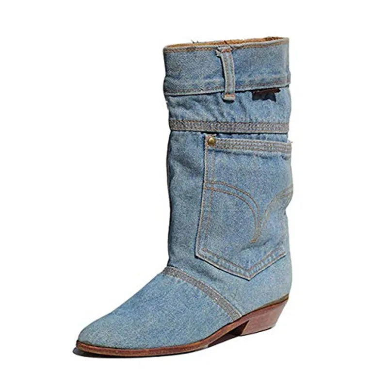 Kvinnors Mellanhöga Jeansstövlar med Rund Tå och Veckad Design 5