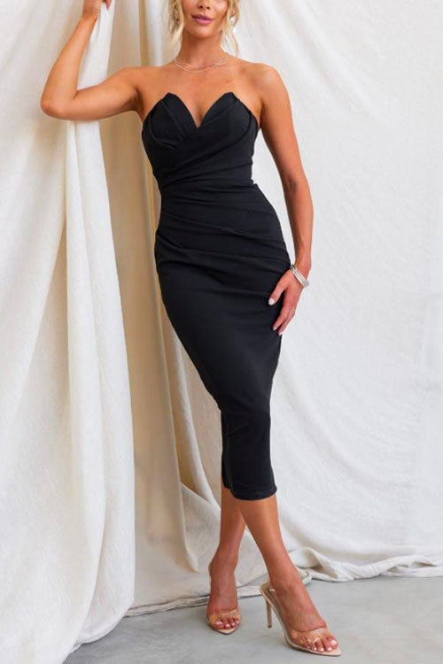 Kvinnors Midi Klänning Axelbandslös Rynkad Bak Slits 4