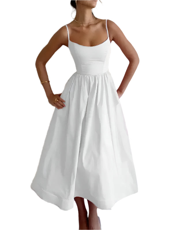 Kvinnors Midi Klänning U-Hals Plisserad Spaghetti Remmar 0