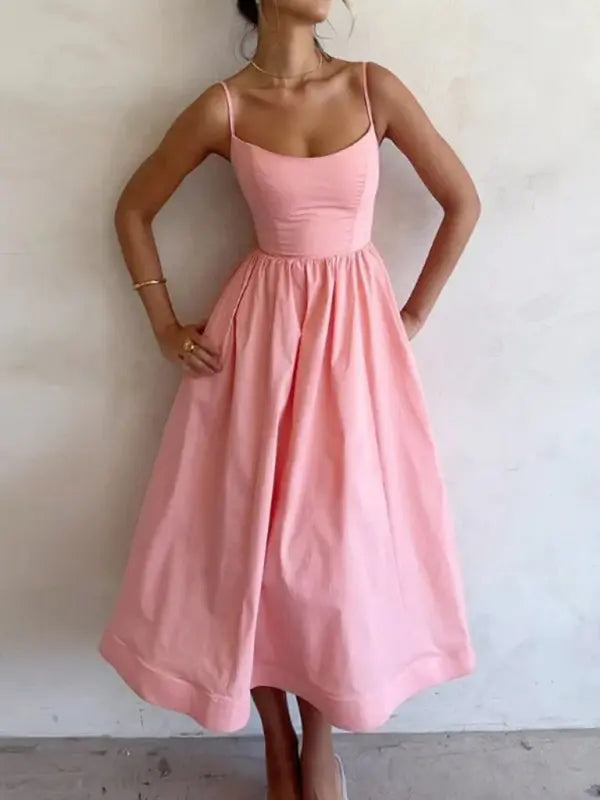 Kvinnors Midi Klänning U-Hals Plisserad Spaghetti Remmar 2