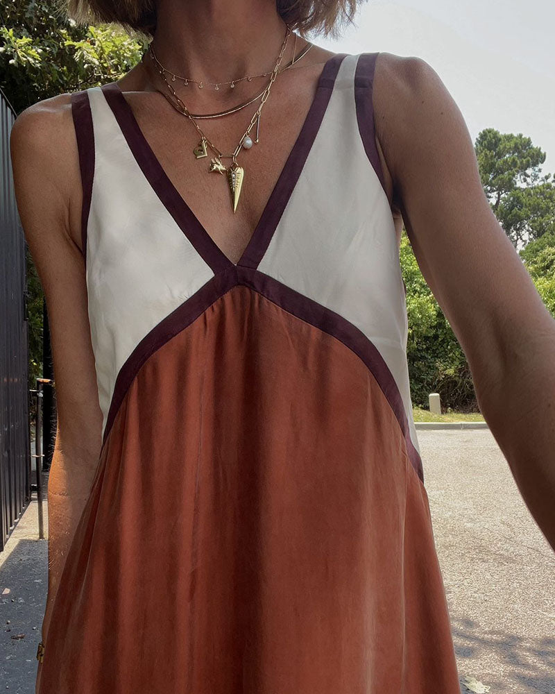 Kvinnors Midi Klänning V-ringad Färgblock 7