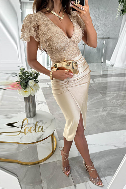 Kvinnors Midiklänning med V-hals och Utsvängda Ärmar 3