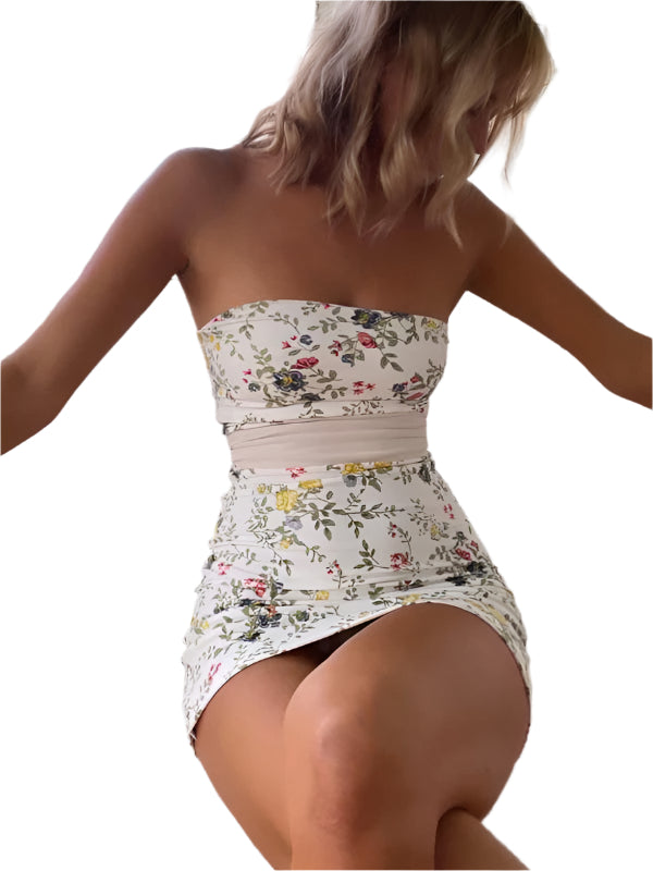 Kvinnors Mini Klänning Blommig Bodycon Tube Top med Avtagbart Bakbälte 0