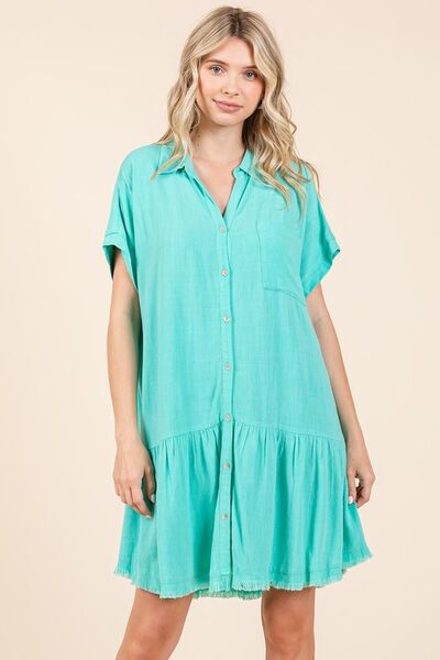Kvinnors Mini Klänning Button Down Linneblandning 1