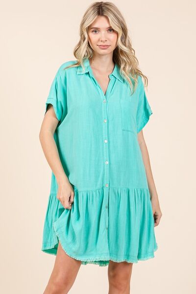 Kvinnors Mini Klänning Button Down Linneblandning 2