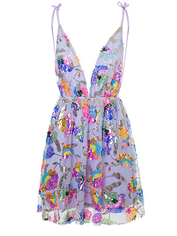 Kvinnors Mini Klänning Djup V-urringning Rygglös Paljetter Blommig 8