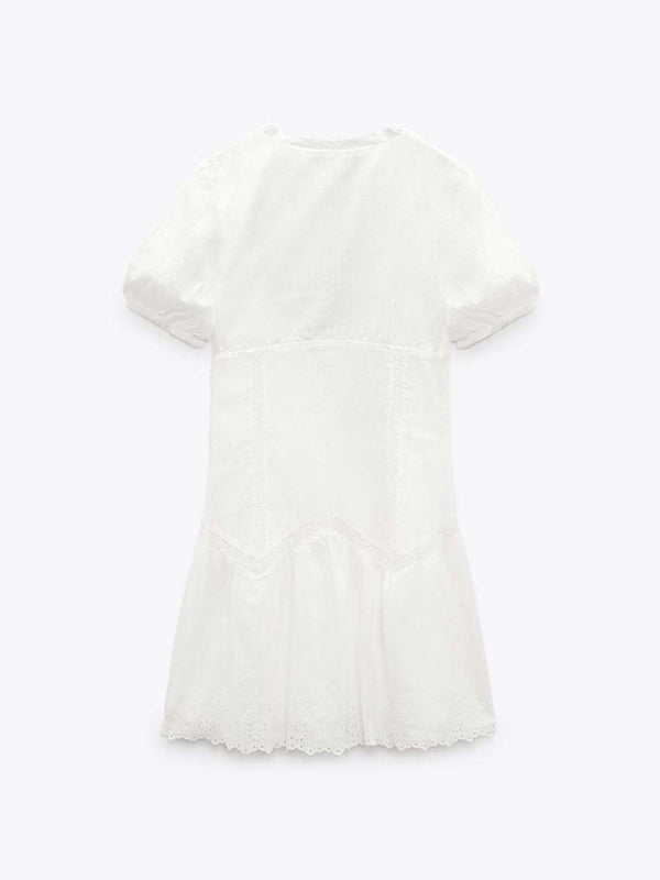 Kvinnors Mini Klänning V-ringad Fluffiga Ärmar Broderad Polyester/Bomull 3