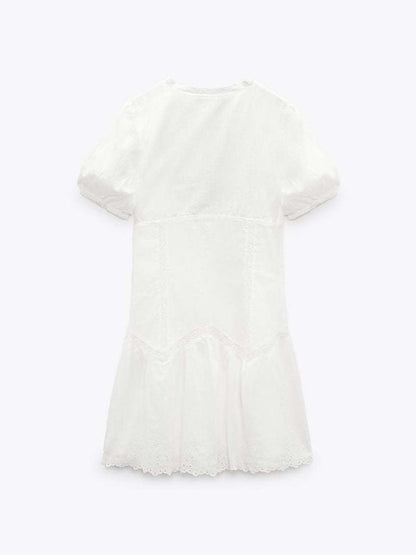 Kvinnors Mini Klänning V-ringad Fluffiga Ärmar Broderad Polyester/Bomull 3