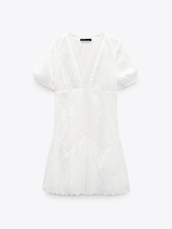 Kvinnors Mini Klänning V-ringad Fluffiga Ärmar Broderad Polyester/Bomull 4