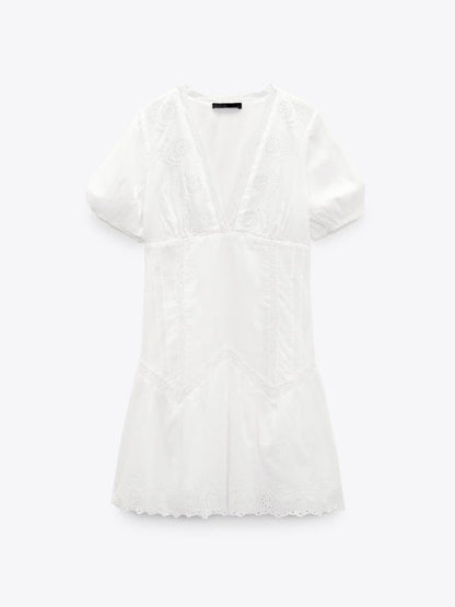 Kvinnors Mini Klänning V-ringad Fluffiga Ärmar Broderad Polyester/Bomull 4