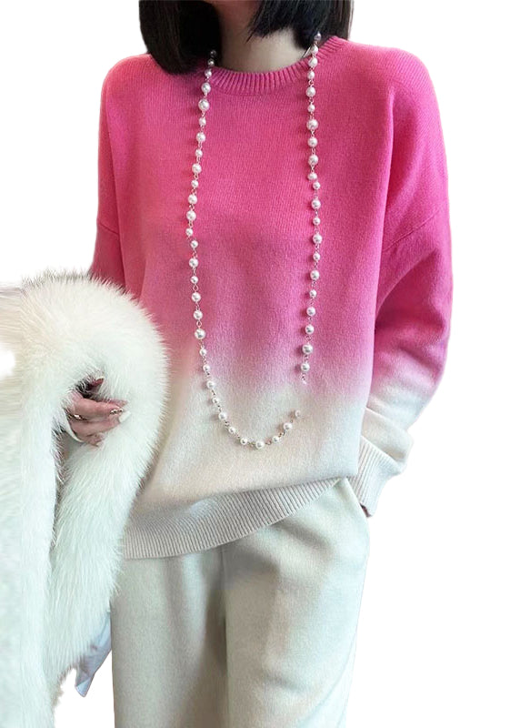 Kvinnors O-hals Stickad Tröja med Gradient Färg 0