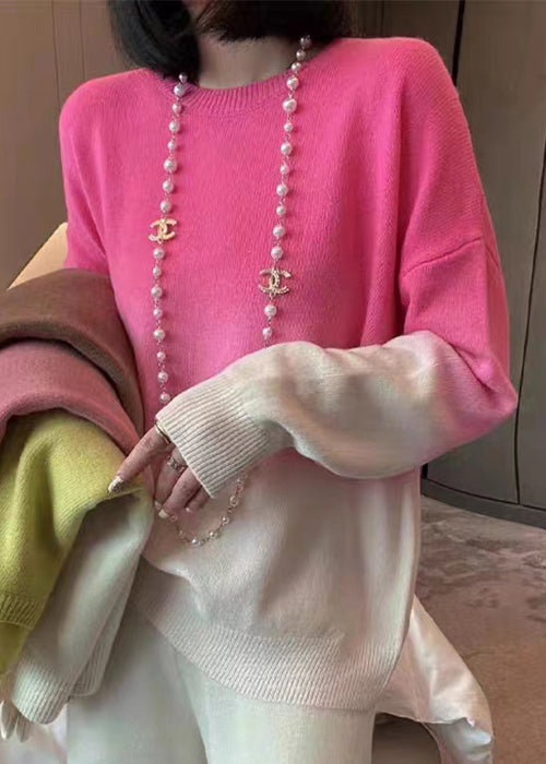 Kvinnors O-hals Stickad Tröja med Gradient Färg 4