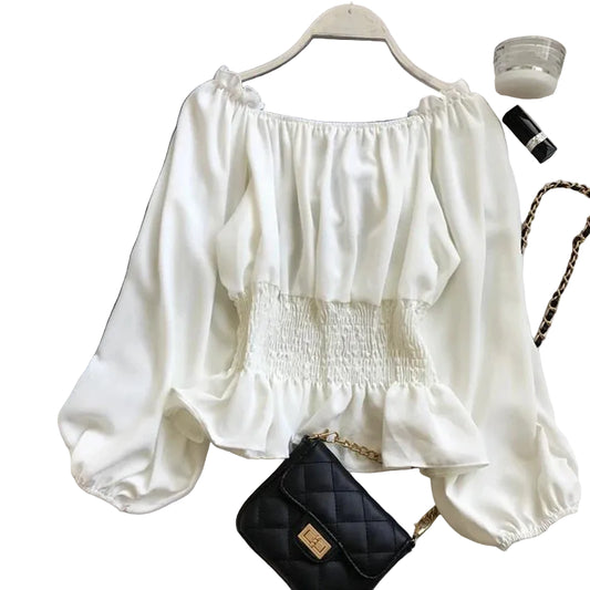 Kvinnors Off Shoulder Blus med Volang 0