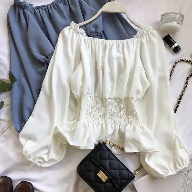 Kvinnors Off Shoulder Blus med Volang 7