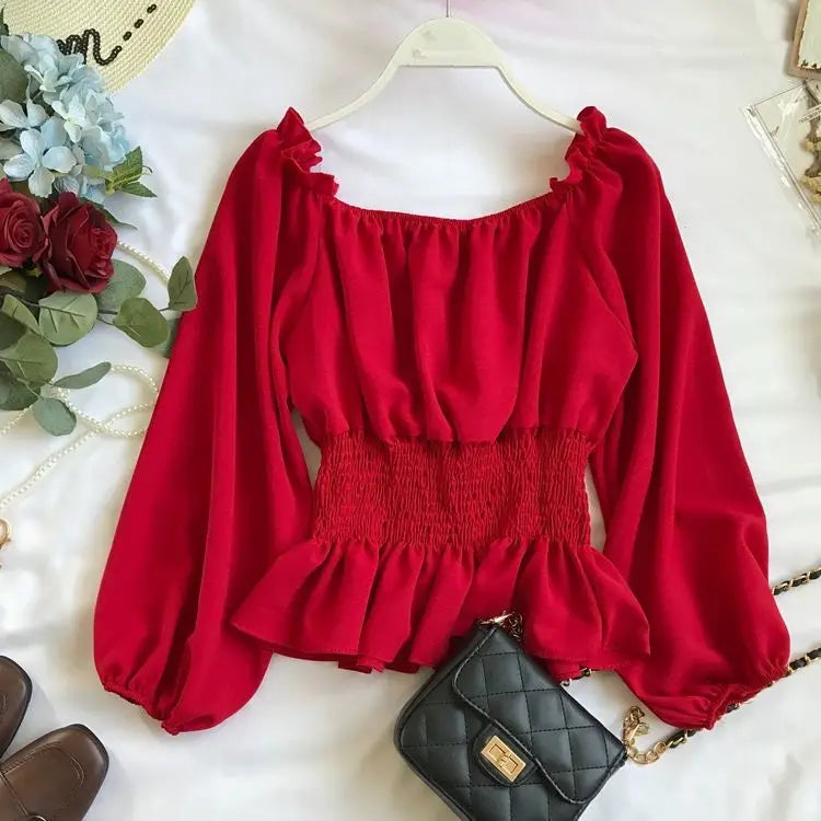 Kvinnors Off Shoulder Blus med Volang 8