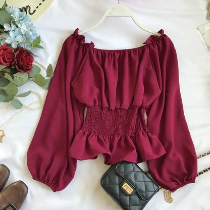 Kvinnors Off Shoulder Blus med Volang 9