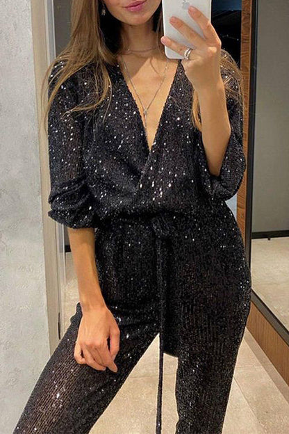 Kvinnors Paljett Jumpsuit med Omlott V-hals 4