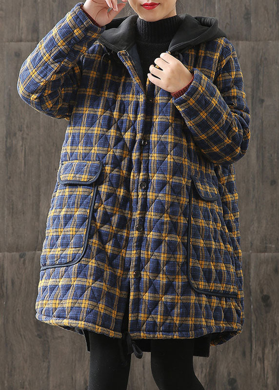 Kvinnors Parkas med Gula Huva och Rutig Design 0