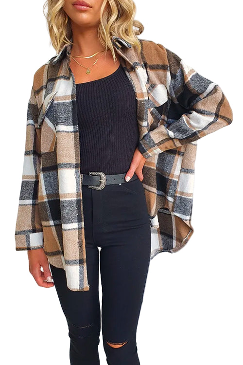 Kvinnors Pläd Shacket Kappa med Fickor 0