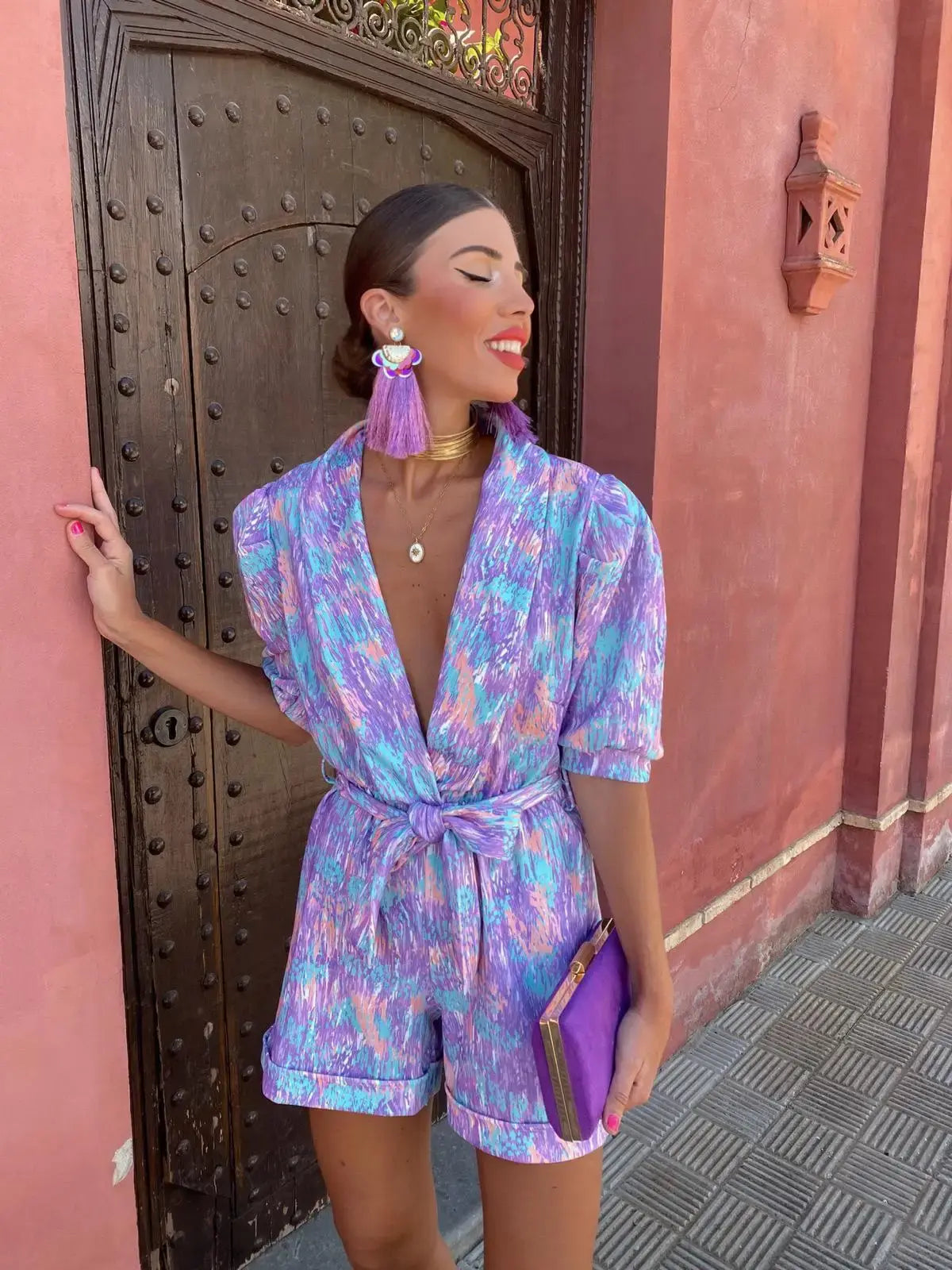 Kvinnors Playsuit med Puffärmar och Bälte 5