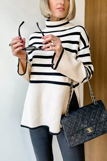 Kvinnors Randig Turtleneck Tröja med Sidospalt 0