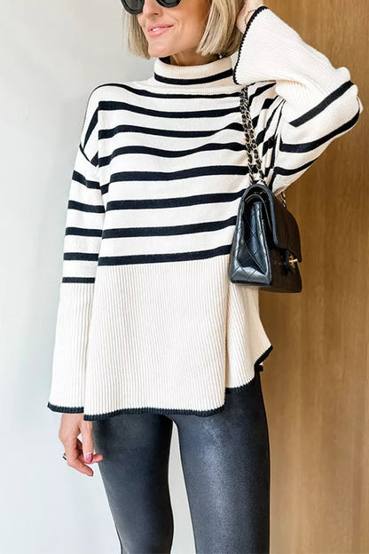 Kvinnors Randig Turtleneck Tröja med Sidospalt 1
