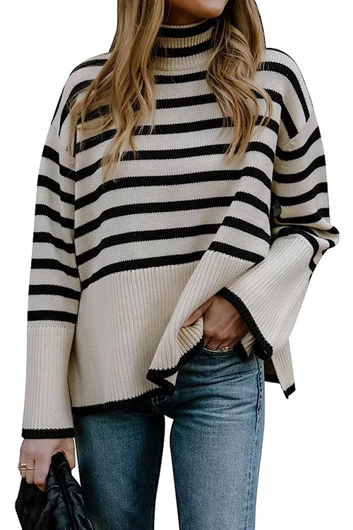 Kvinnors Randig Turtleneck Tröja med Sidospalt 2