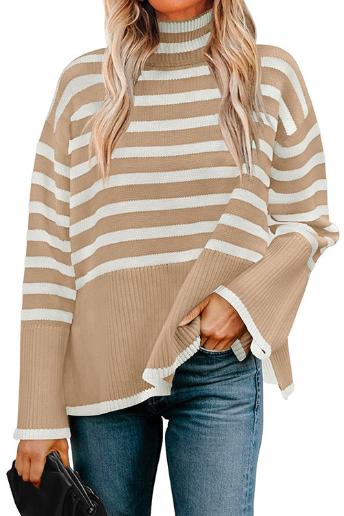 Kvinnors Randig Turtleneck Tröja med Sidospalt 3