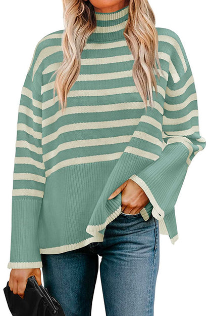 Kvinnors Randig Turtleneck Tröja med Sidospalt 4