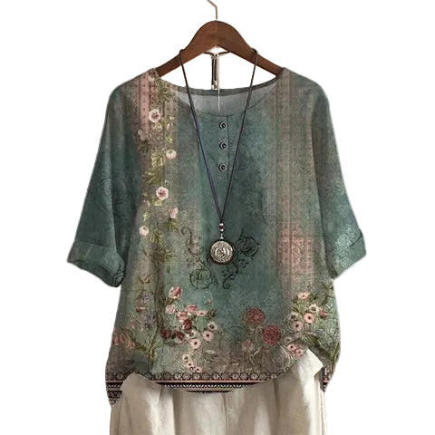 Kvinnors Retroinspirerad Blus Med Blommönster 0